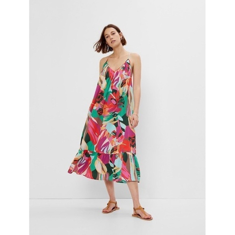 Gap Womens Small Multicolor Abstract Floral Cotton Tiered Midi Dress‎